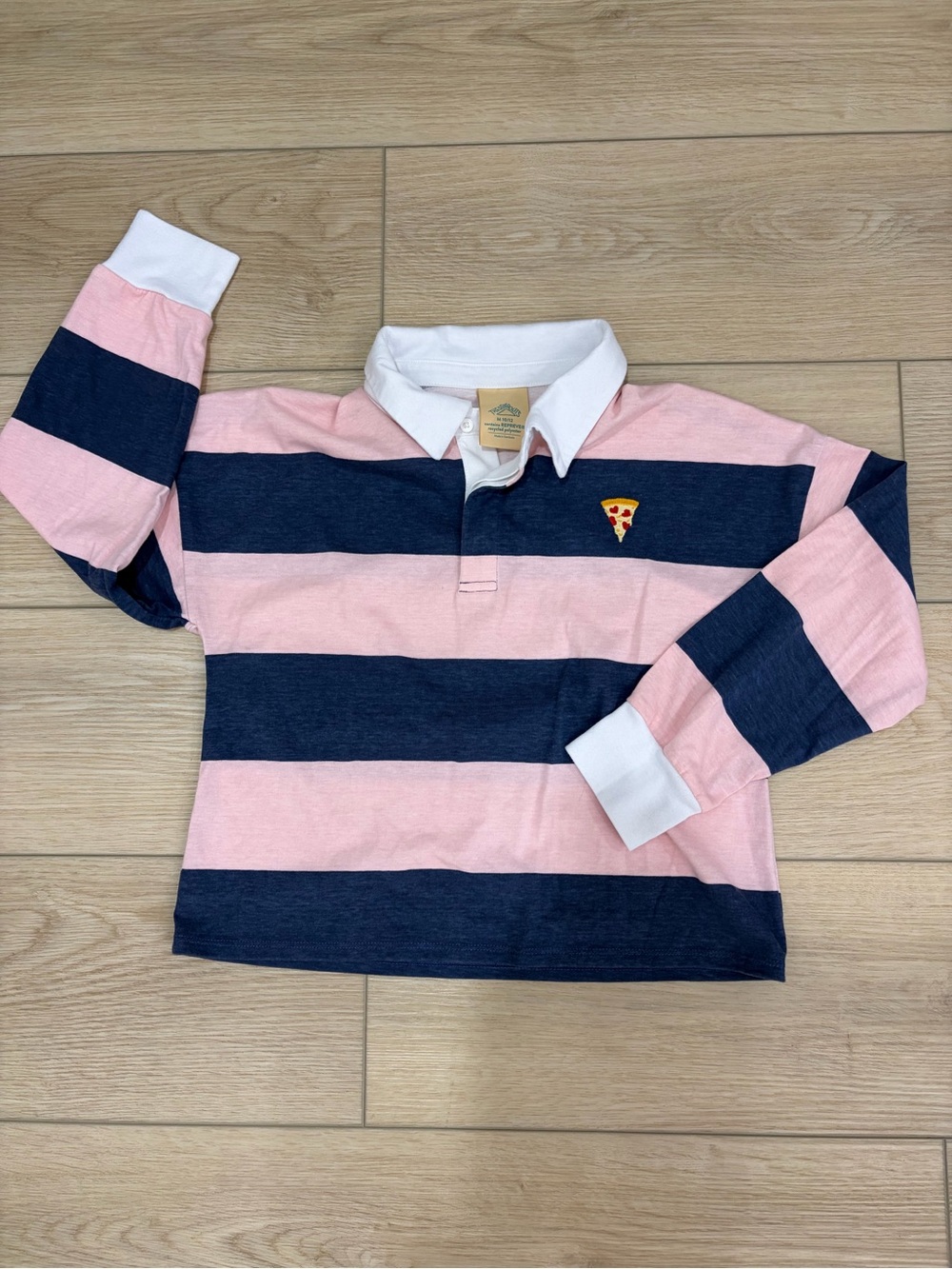 Kids Long Sleeve Preppy Rugby Shirt with Pink & Navy Stripes. Size 10-12